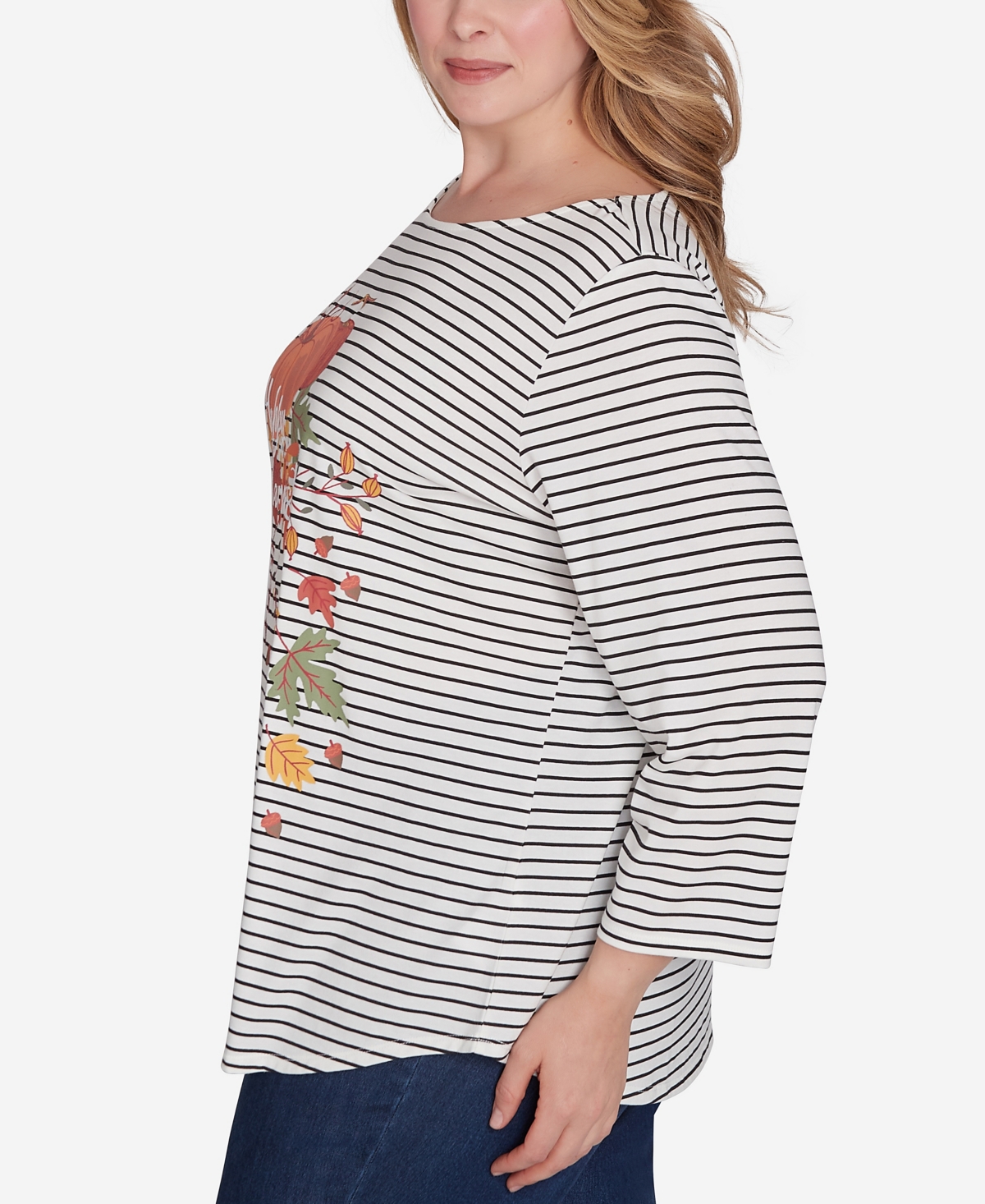Ruby Rd. Plus Size Boat Neck Happy Harvest Striped Knit Top In Alabaster Multi