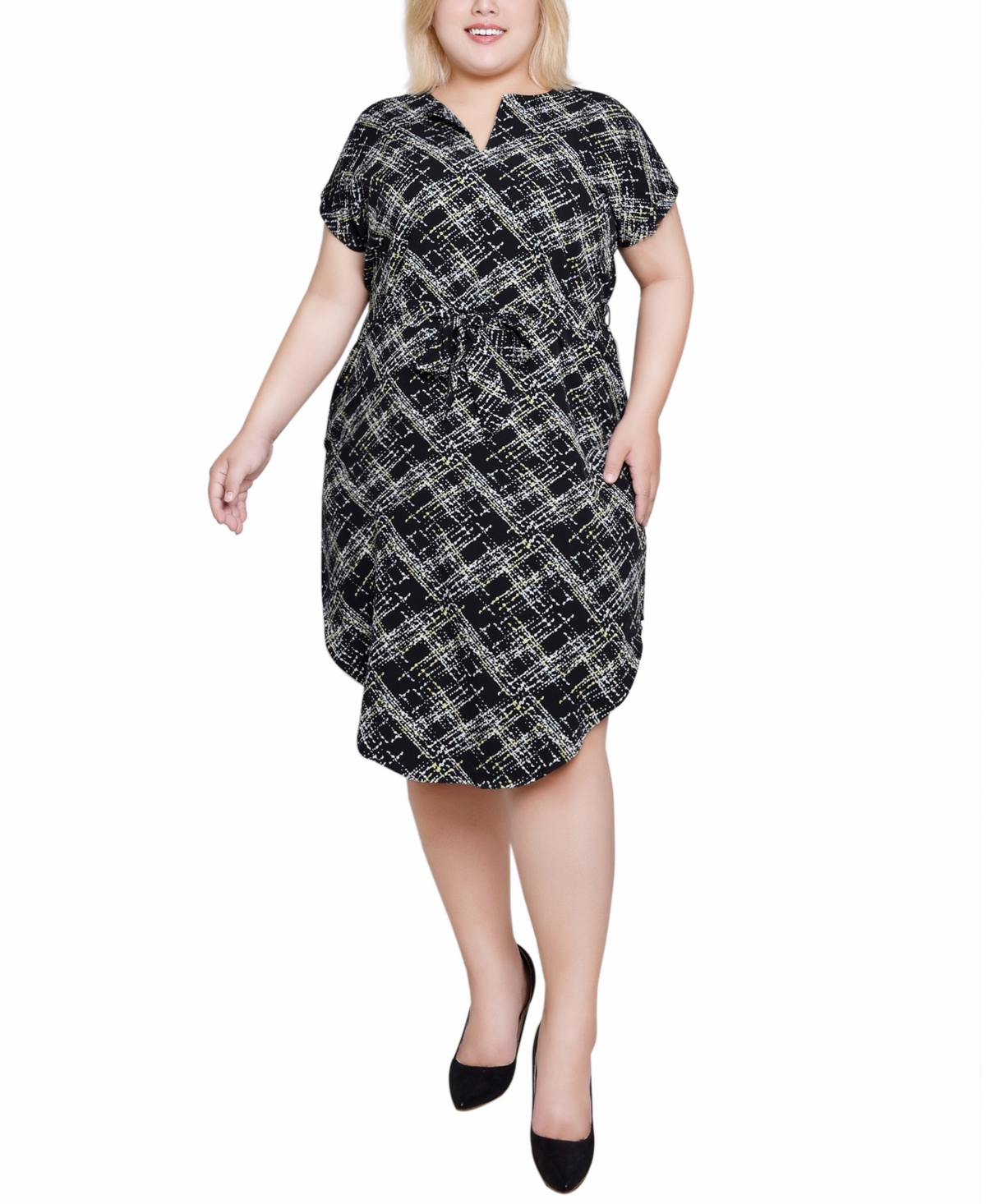 Shop Ny Collection Plus Size Short Sleeve Tunic Dress With Belt In Blue,green Crossline
