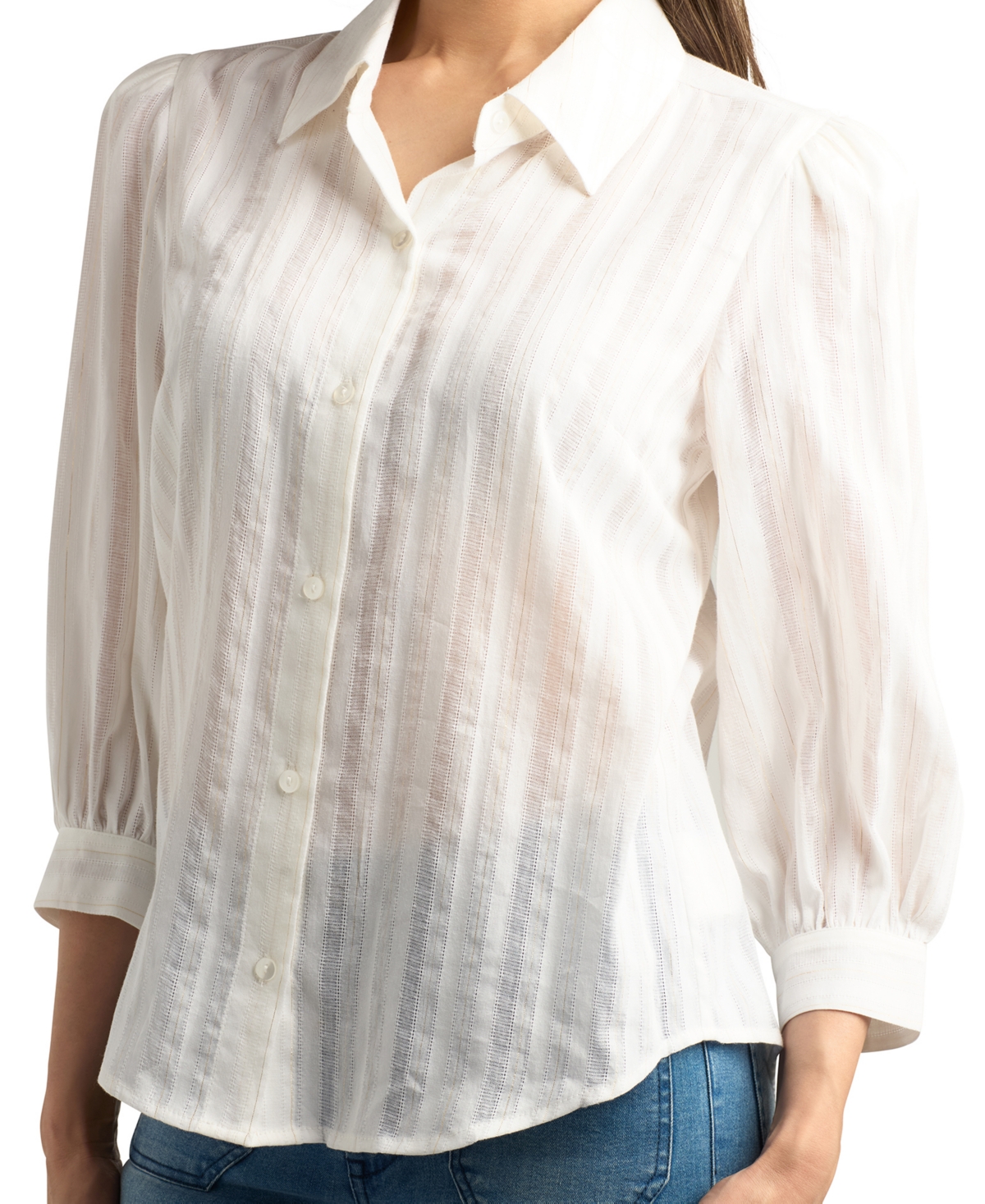 Bcx Juniors' Woven-Stripe 3/4-Puff Sleeve Blouse