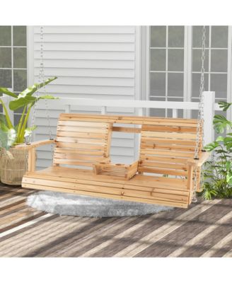 2-seat Wood Swing Bench with Folding Cup Holder and Sturdy Metal Hanging Chains
