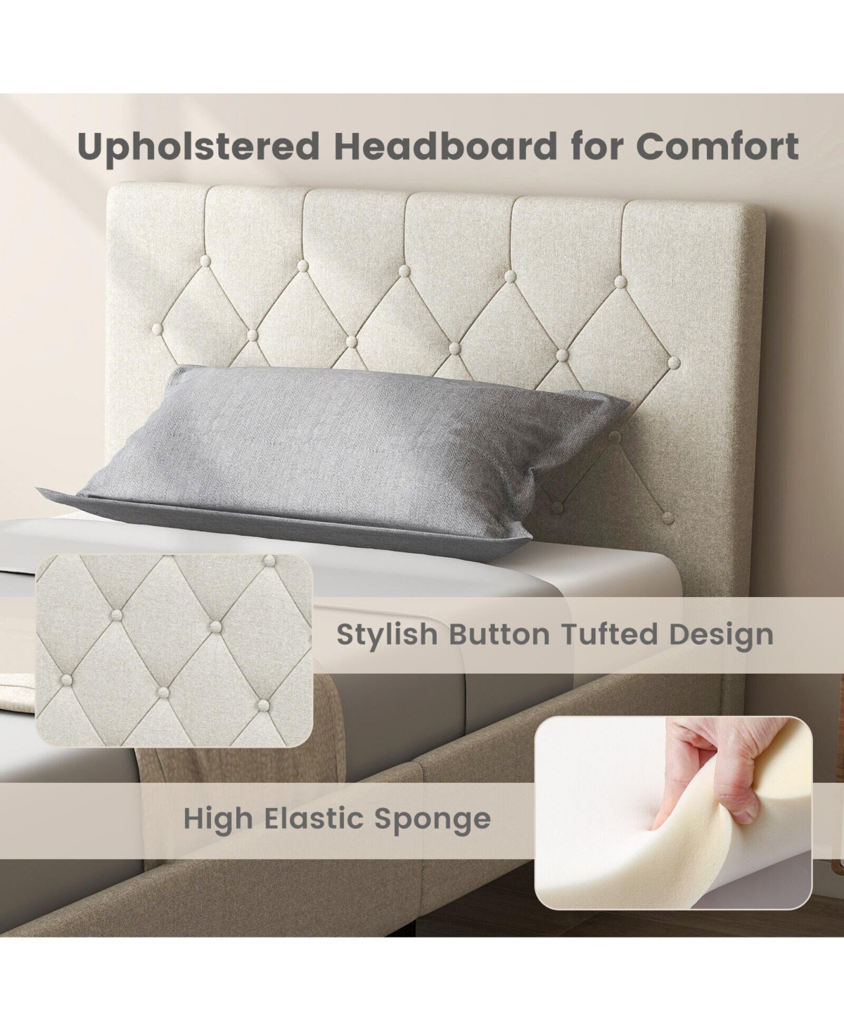Slickblue Twin Size Upholstered Platform Bed with Button Tufted Headboard- Beige