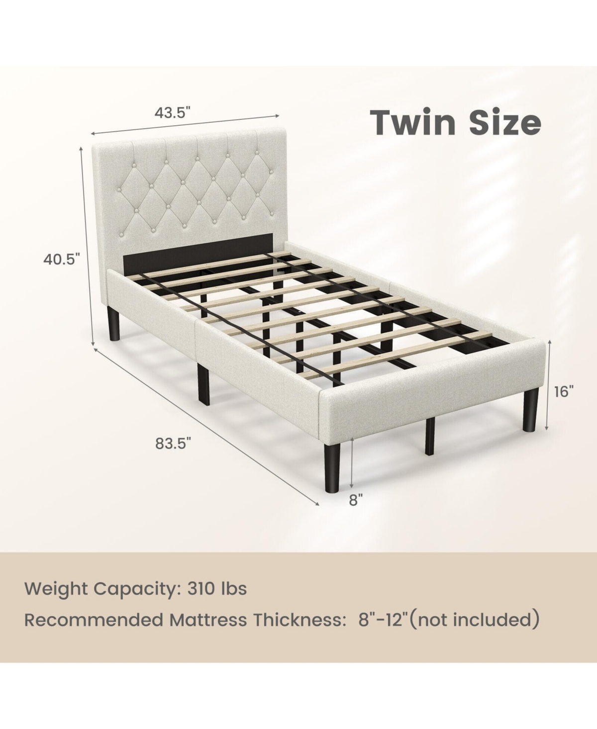Slickblue Twin Size Upholstered Platform Bed with Button Tufted Headboard- Beige