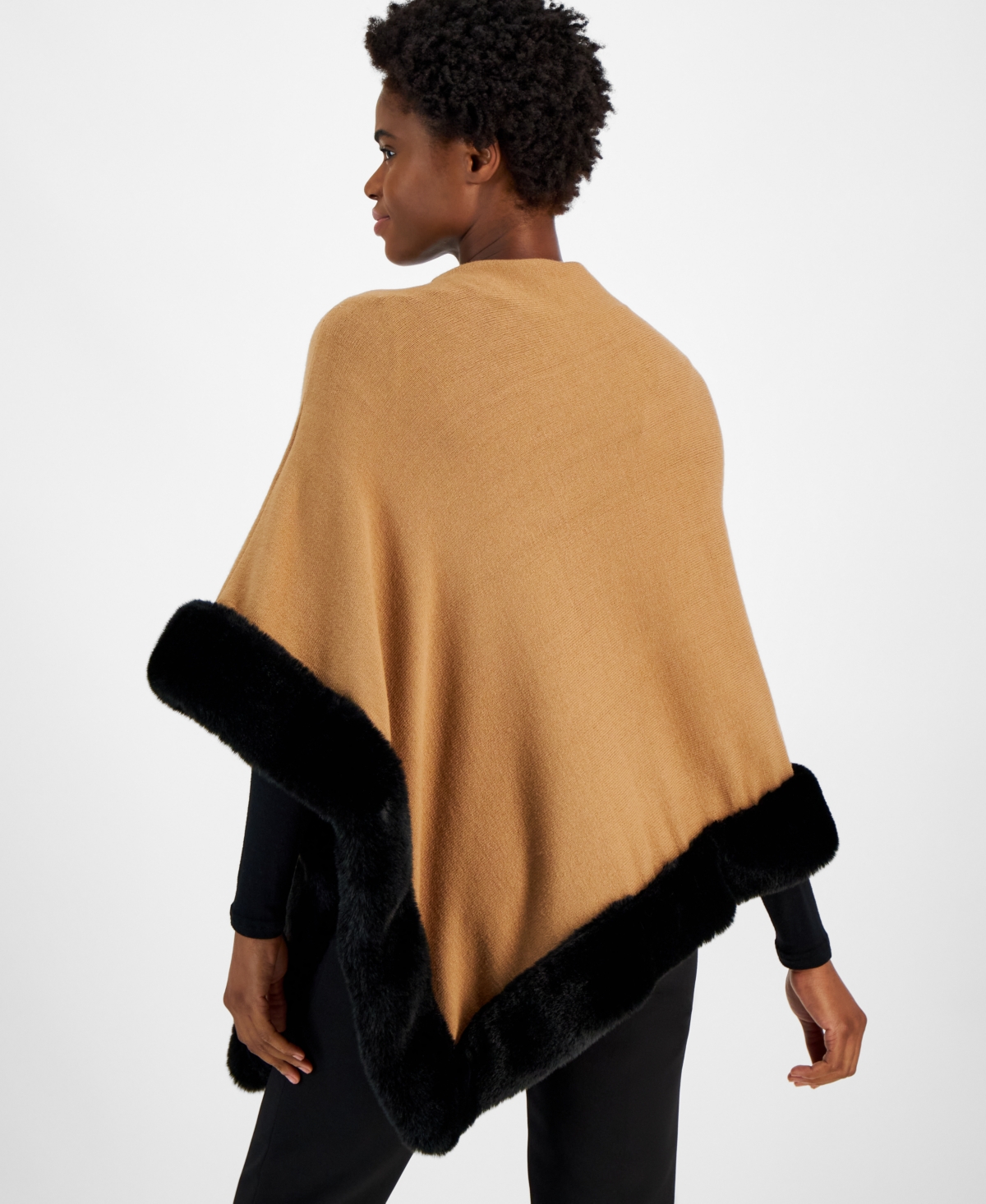 Anne Klein Women's Faux Fur Trim Poncho Cape -Anne Black