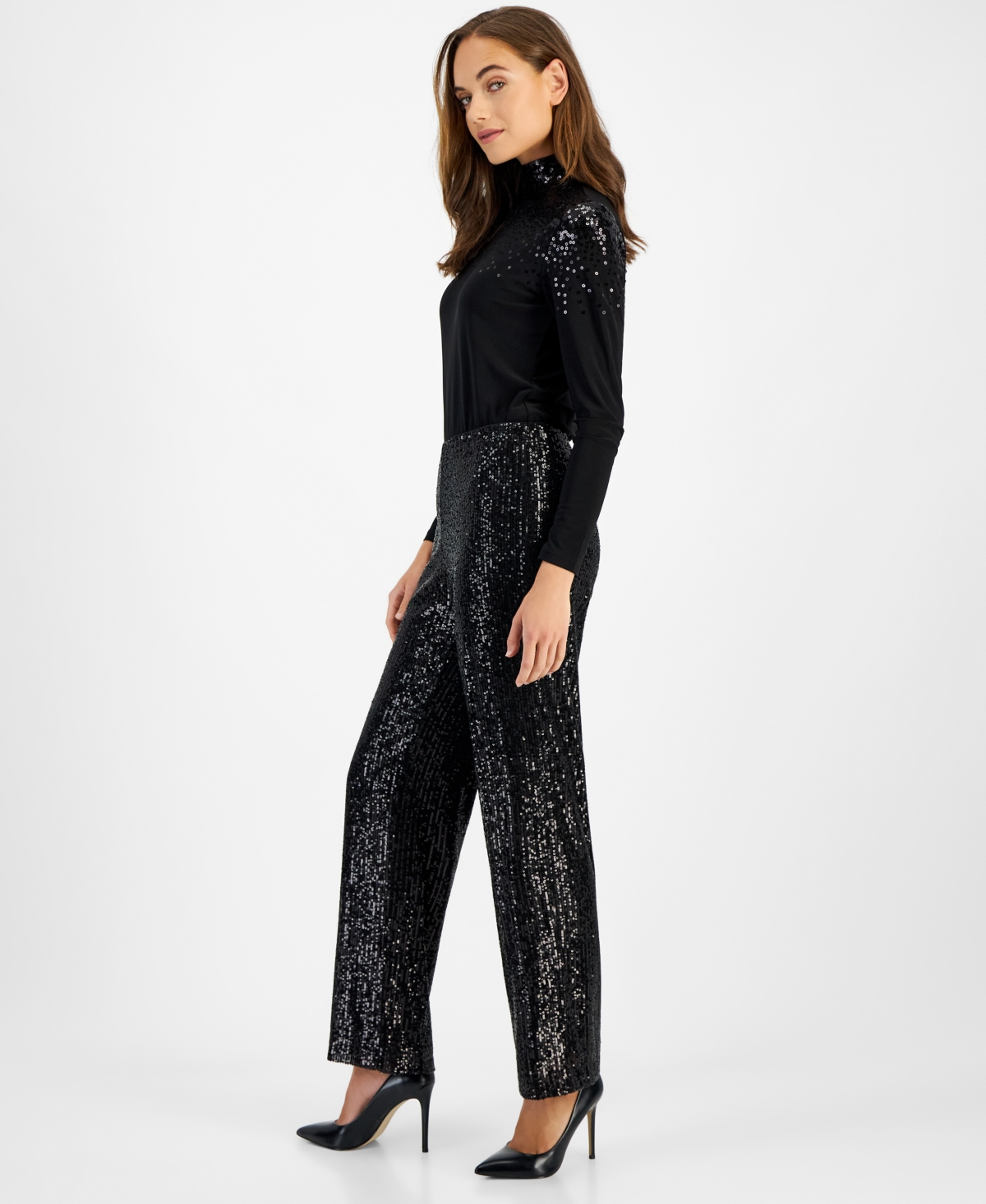 Anne Klein Sequin Hollywood Waistband Straight Leg Pants In Anne Black