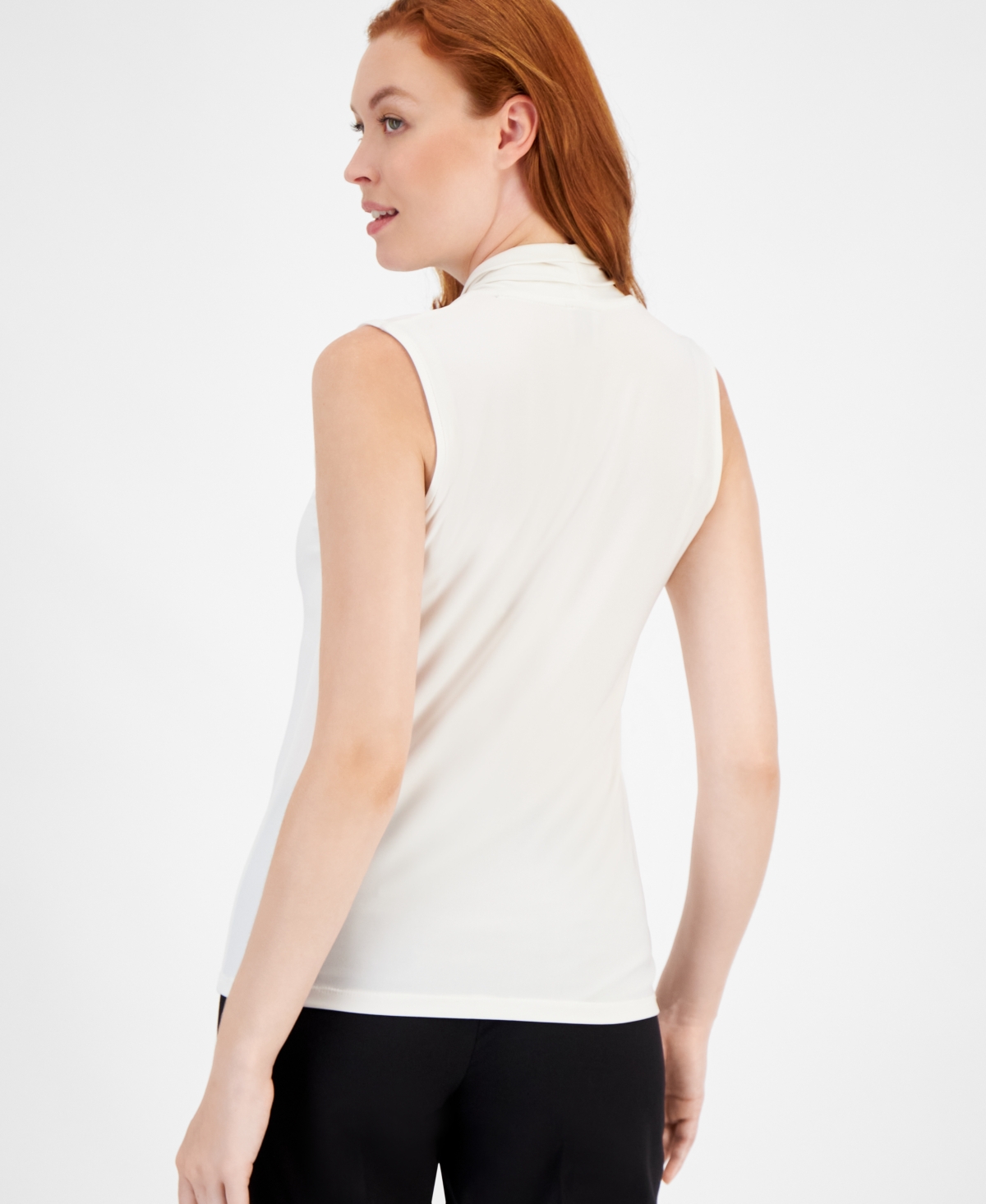 Shop Anne Klein Women's Pleated-neck Printed Sleeveless Top In Anne White