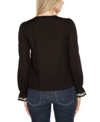 Black Label Women’s Tie-Neck Embroidered-Front Blouse Top