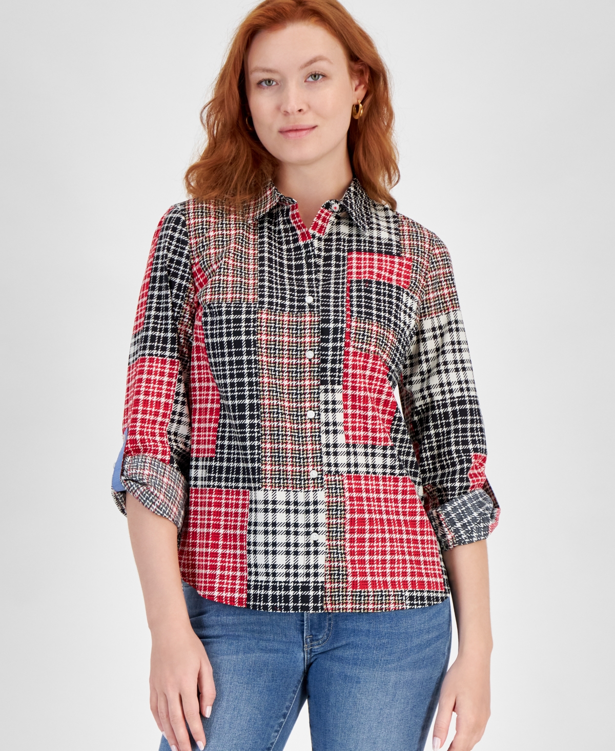 Nautica Jeans Women's Crescent Pond Plaid Roll-tab Shirt In Black Multi