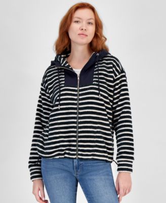 Nautica Women s Striped Hooded Zip Up Sweatshirt Blue Sweatshirts