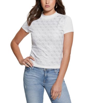 GUESS - Women's Rhinestone-Logo Mock-Neck Short-Sleeve Top