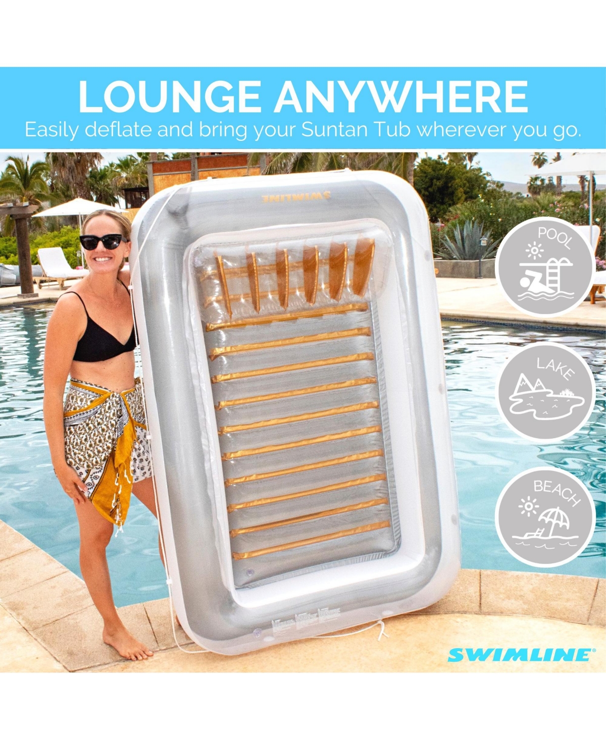 Swimline Luxe Edition Inflatable Suntan Tub Floating Pool Lounger,& Gold - White/gold