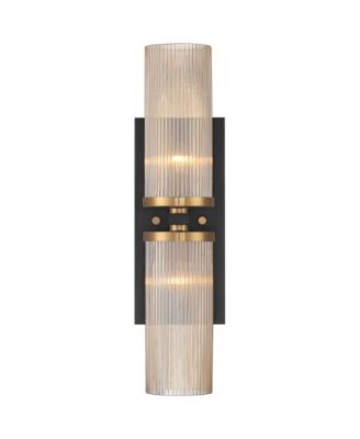 Modern Wall Light Sconce Black Brass Hardwired 4 1/4" 2-Light Fixture Ribbed Champagne Glass Shade for Bedroom Bathroom Vanity Living Room