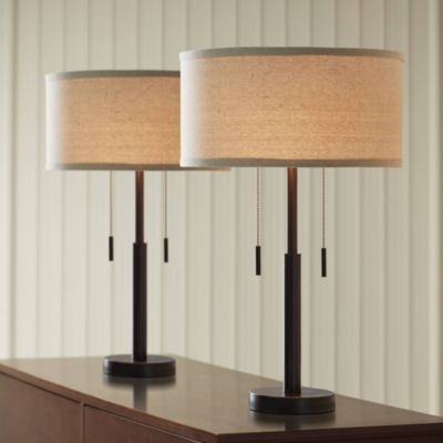 Bernie Industrial Table Lamps 25" High Set of 2 Rich Bronze with USB Charging Port Tan Drum Shade for Bedroom Living Room Bedside