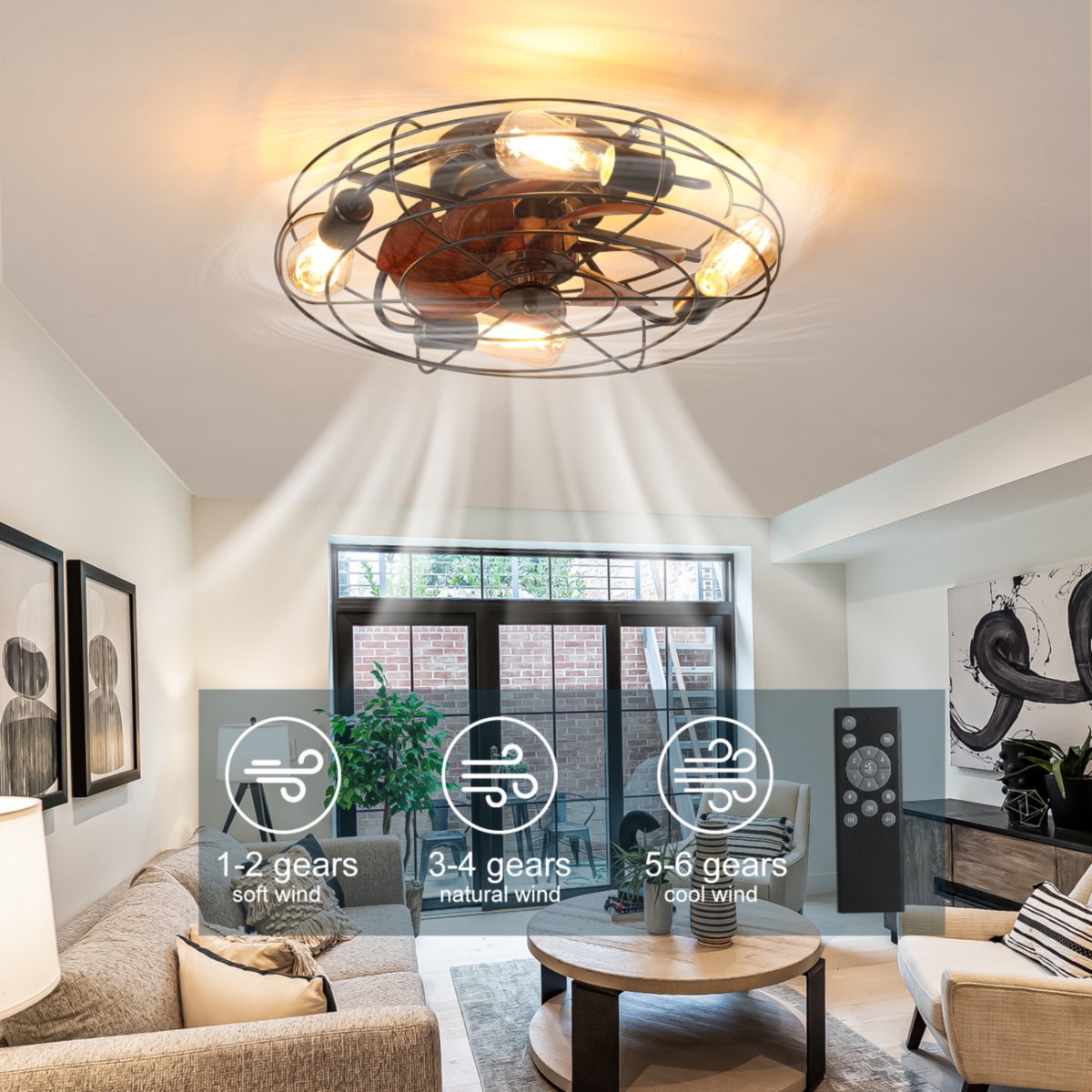 Modern Low Profile Caged Ceiling Fan With Light