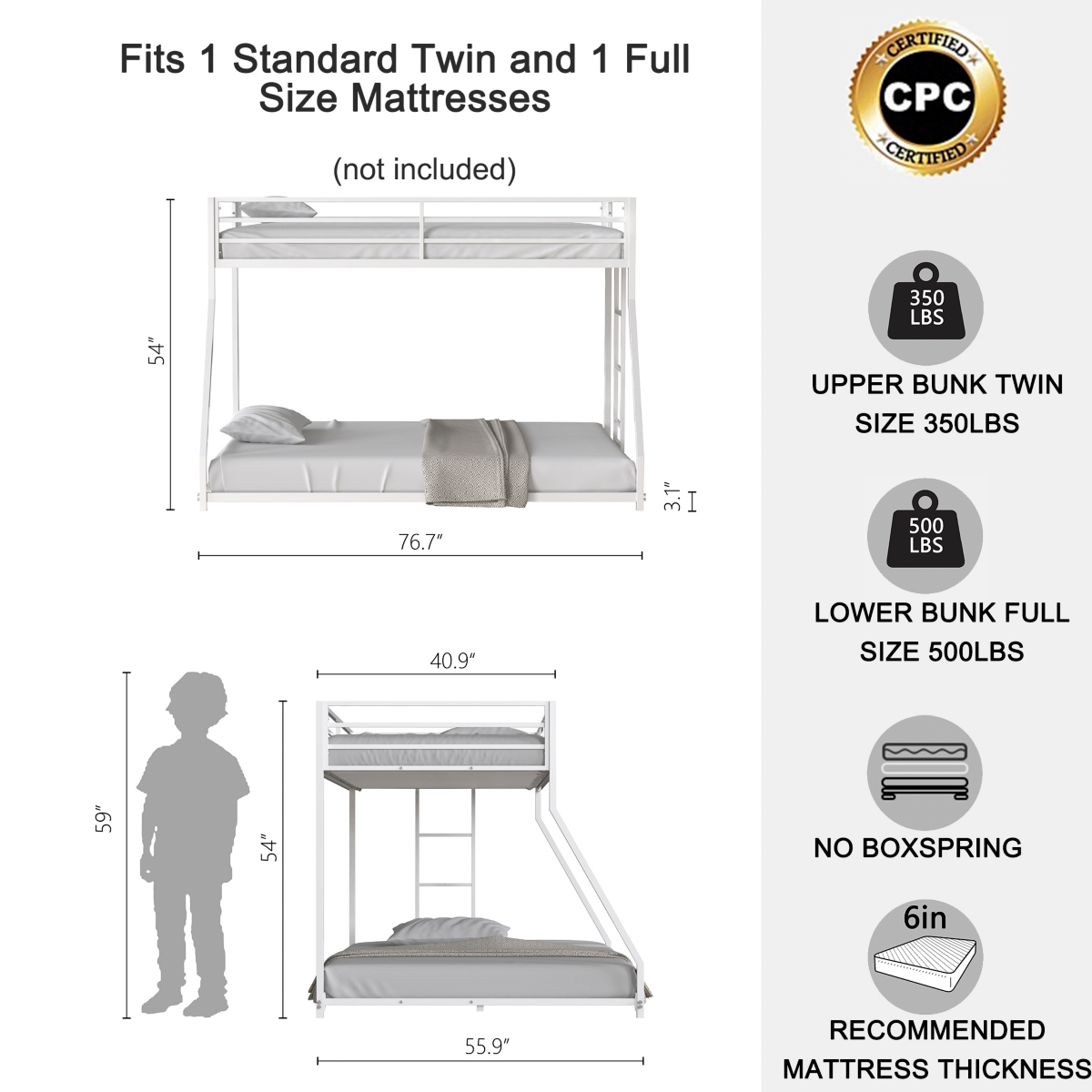 Streamdale Furniture Adam Sturdy Twin over Full Metal Bunkfor Kids and Adult, Low Profile and Easy Climbing with Stable Ladder - White