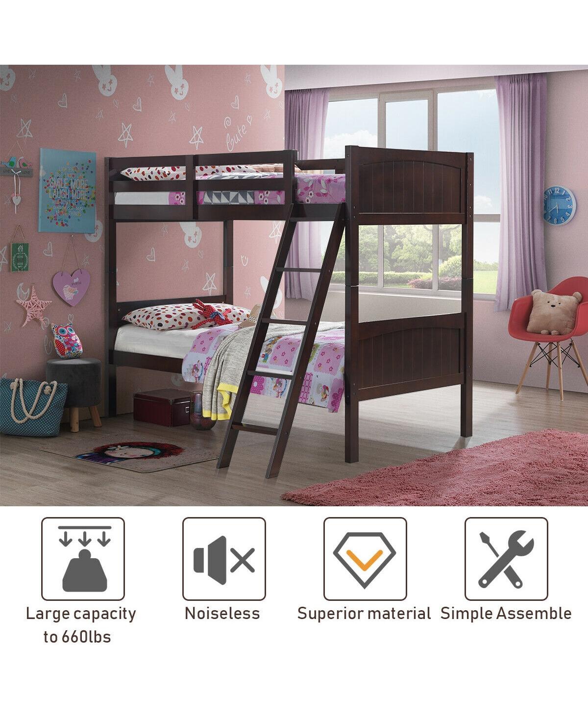 Sugift Wooden Twin Over Twin Bunk Bed Frames with Ladder and Safety Rail