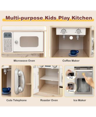 Kids Pretend Play Kitchen Wooden Toy Playset with LED Lighting & Coffee Maker
