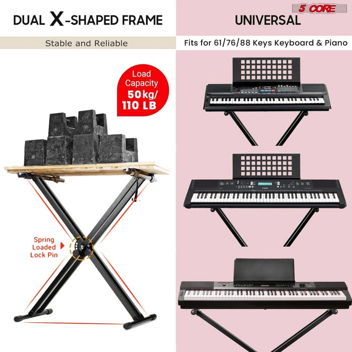 5 Core Piano Stand Double Braced Adjustable Keyboard Stands Metal X Style On Stage Keyboard Seat Durable & Sturdy Easy To Assemble - Ks Blk