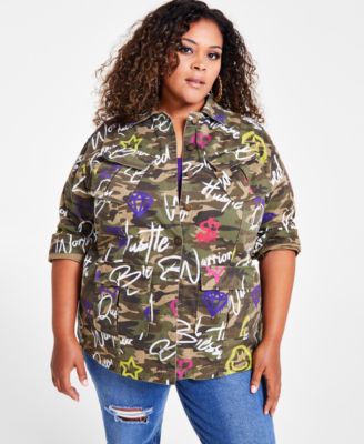 Nina Parker Trendy Plus Size Cotton Camouflage Affirmation Button-Front Jacket