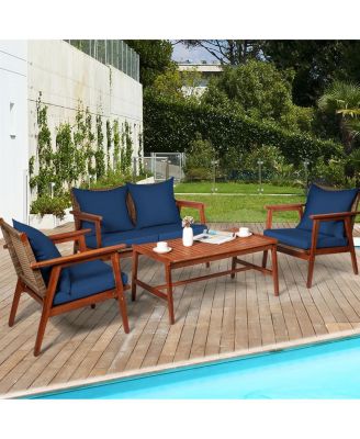 4 Piece Acacia Wood Patio Rattan Furniture Set