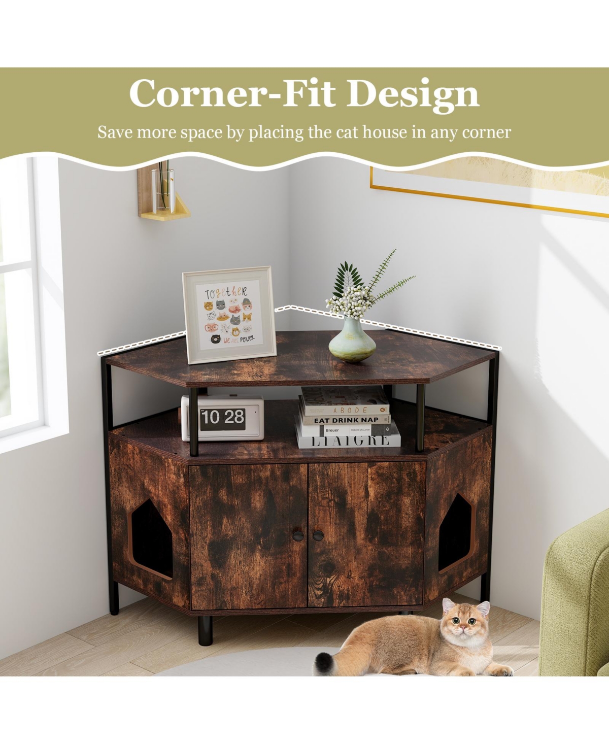 Slickblue Corner Cat Litter Box Enclosure with Open Shelf 2 Entrances and Metal Legs