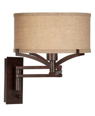 Tremont Rustic Farmhouse Swing Arm Wall Lamp Bronze Plug-in Light Fixture Tan Burlap Drum Shade for Bedroom Bedside Living Room