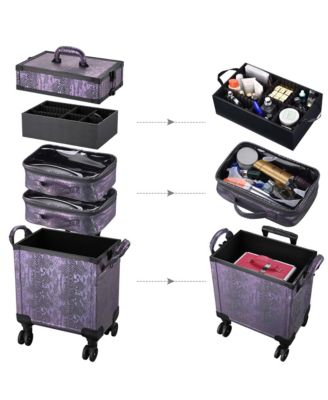 Purple Makeup Train Case Lockable Rolling Cosmetic Trolley Storage