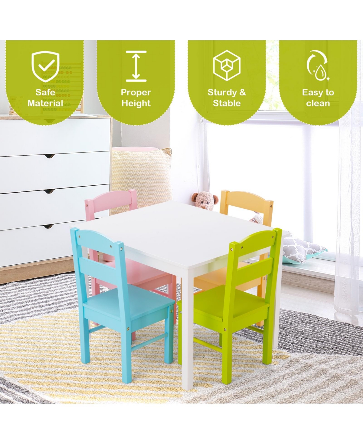 Slickblue Kids 5 Pieces Table and Chair Set Wooden Children Activity Playroom Furniture Gift
