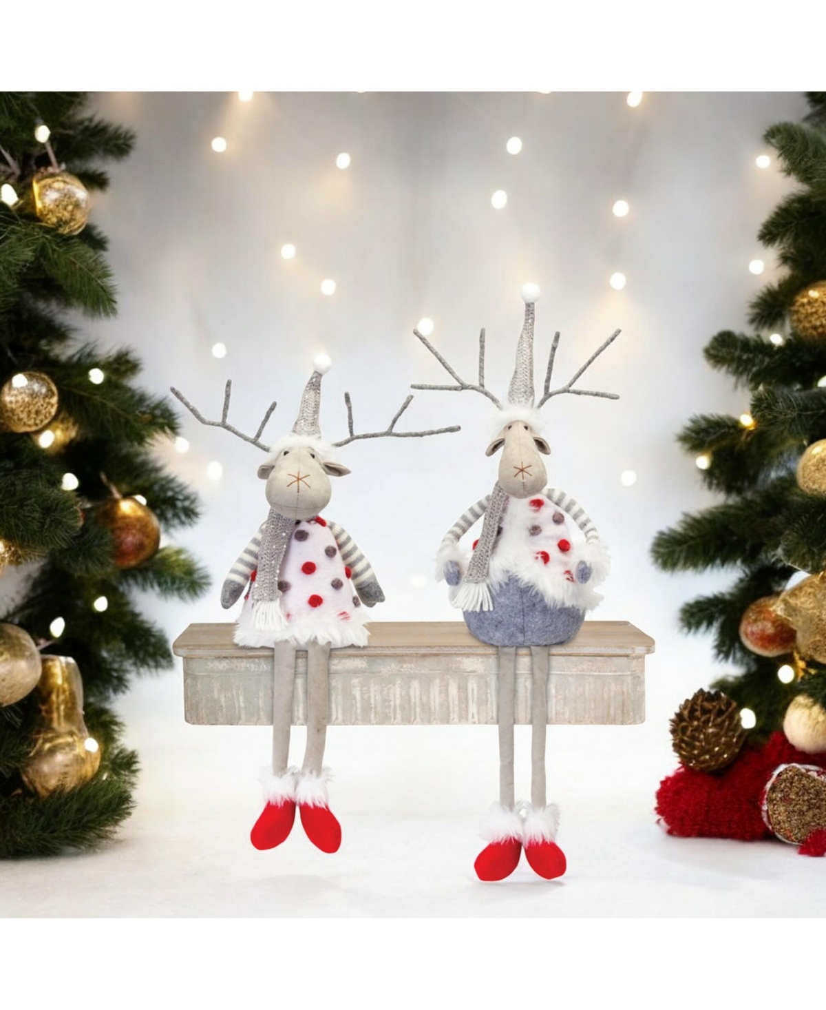 Slickblue Plush Holiday Deer Shelf Sitter With Hat And Scarf Accent (Set of 2)