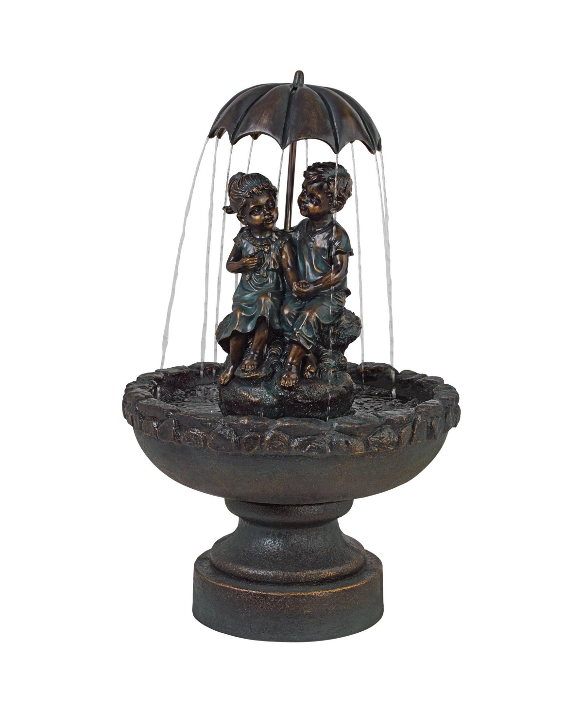 Boy and Girl Under Umbrella Outdoor Floor Water Fountain 40&#x22; High Copper Green Bronze Resin for Garden Patio Yard Deck Home Lawn Porch House Rela