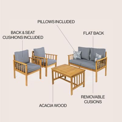 Everly 4-Piece Modern Cottage Acacia Wood Outdoor Patio Set with Cushions and Tropical Decorative Pillows, Gray/Teak Brown