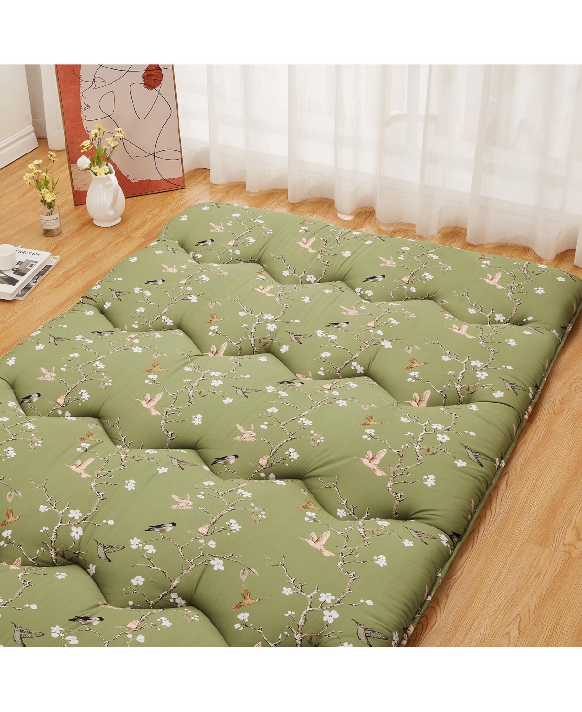 Caromio Size Futon Mattress Floor Mattress Pad Bird Floral Print Portable Dorm Sleeping Pad, 54