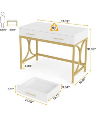 Modern Computer Desk with 2 Drawers, 41 Inches Study Writing Office Desk, Makeup Vanity Table Desk with Gold Metal Frame, White & Gold