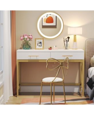 Modern Computer Desk with 2 Drawers, 41 Inches Study Writing Office Desk, Makeup Vanity Table Desk with Gold Metal Frame, White & Gold