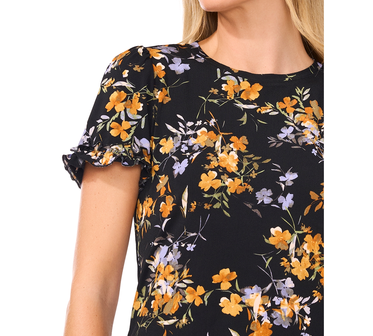 CeCe Women's Short-Sleeve Crewneck Ruffle-Cuff Knit Top