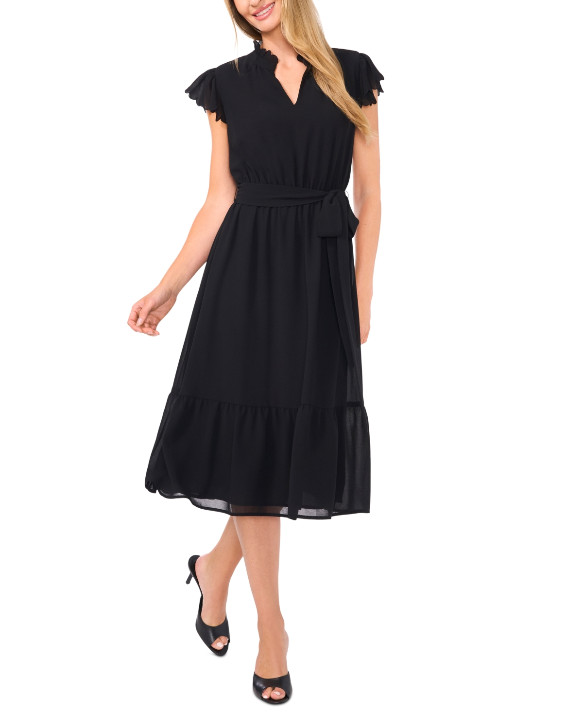 CeCe Women's Scallop-Ruffle Tie-Waist Midi Dress
