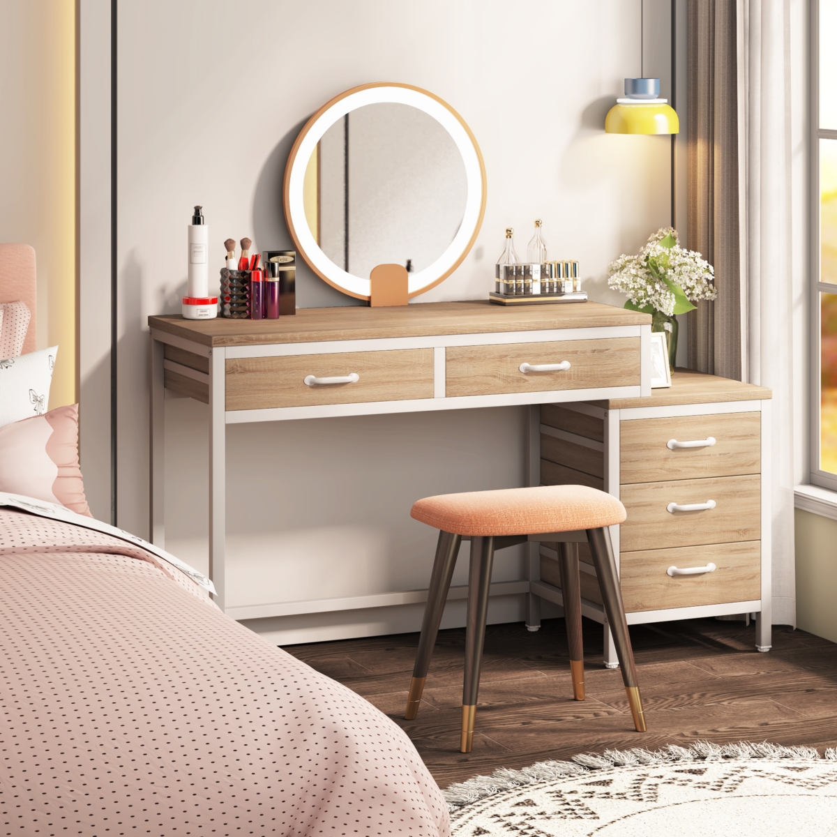 Tribesigns Vanity Desk with 5 Drawers, Makeup Vanity Table Dressing Table with Side 3-Drawer Chest, Make Up Vanities for Women, Girls (Without Mirror)