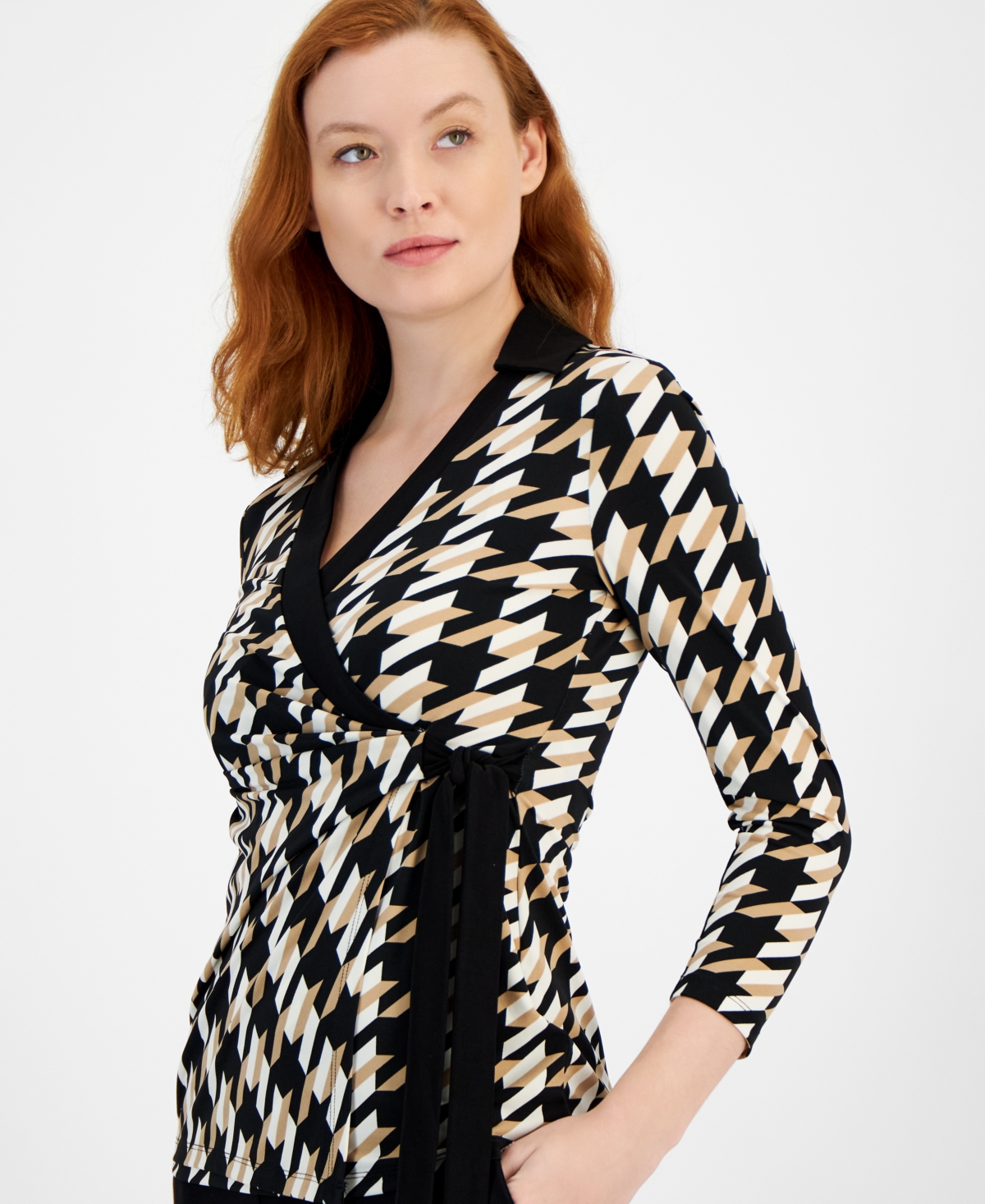 Anne Klein Women's 3/4-Sleeve Houndstooth Faux-Wrap Top
