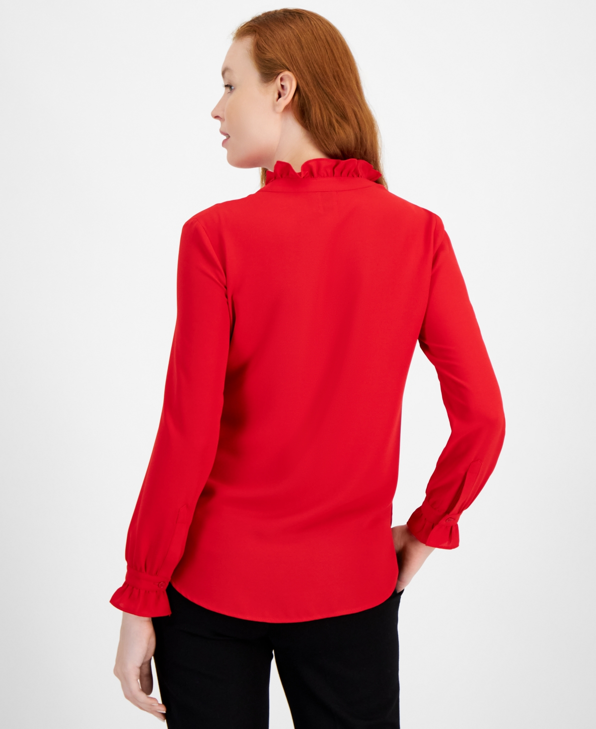 Anne Klein Women's Notched Ruffled-Neck Long-Sleeve Top
