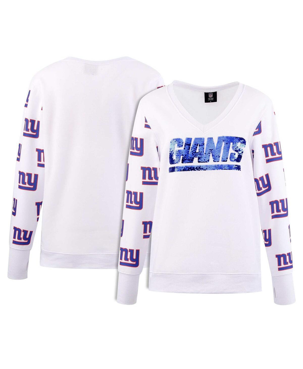 Women's White New York Giants Sequin Fleece V-Neck T-Shirt - White