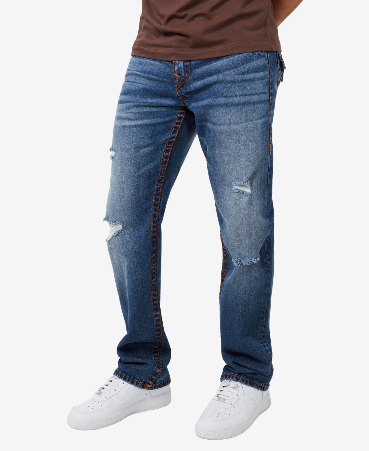 True Religion Men's Ricky Straight Super T Flap Jeans - Heathland Medium Wash With Rips