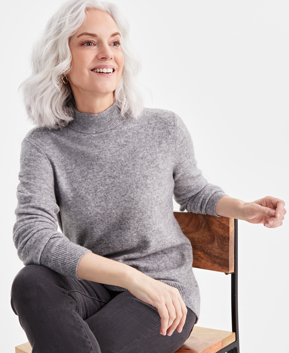 Women's Cozy Mock-Neck Long-Sleeve Sweater, Created for Macy's - Heather Grey