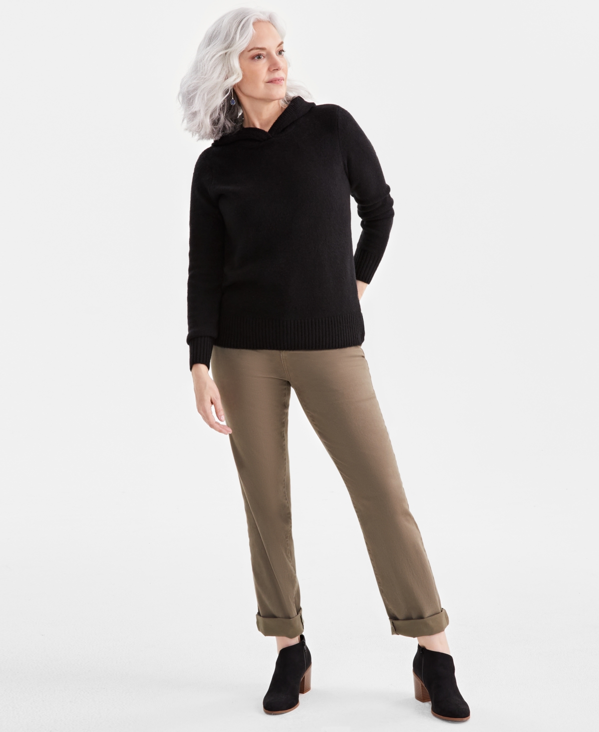 Petite Solid Luxe Hooded Sweater, Created for Macy's - Deep Black