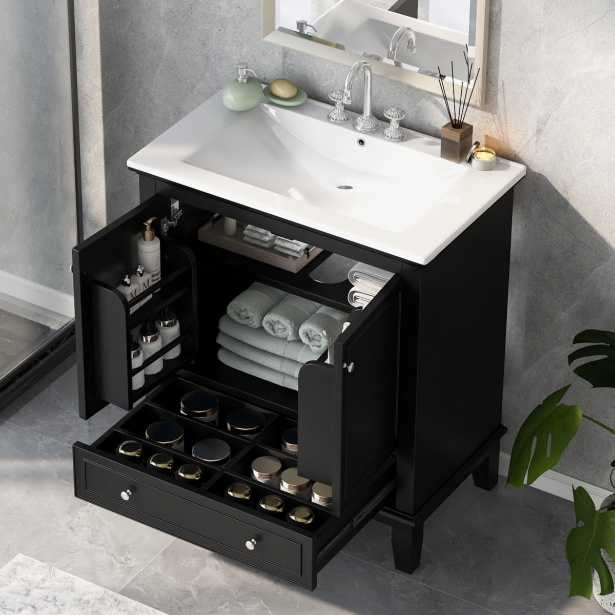 30&#x22; Vanity with Sink, Solid Wood & Mdf Cabinet, Doors & Drawer - Black