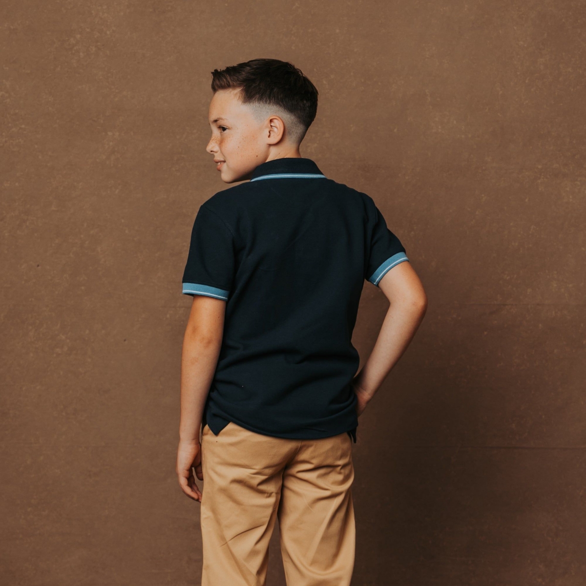 Hope & Henry Boys Organic Short Sleeve Knit Pique Polo Shirt - Navy with blue and white