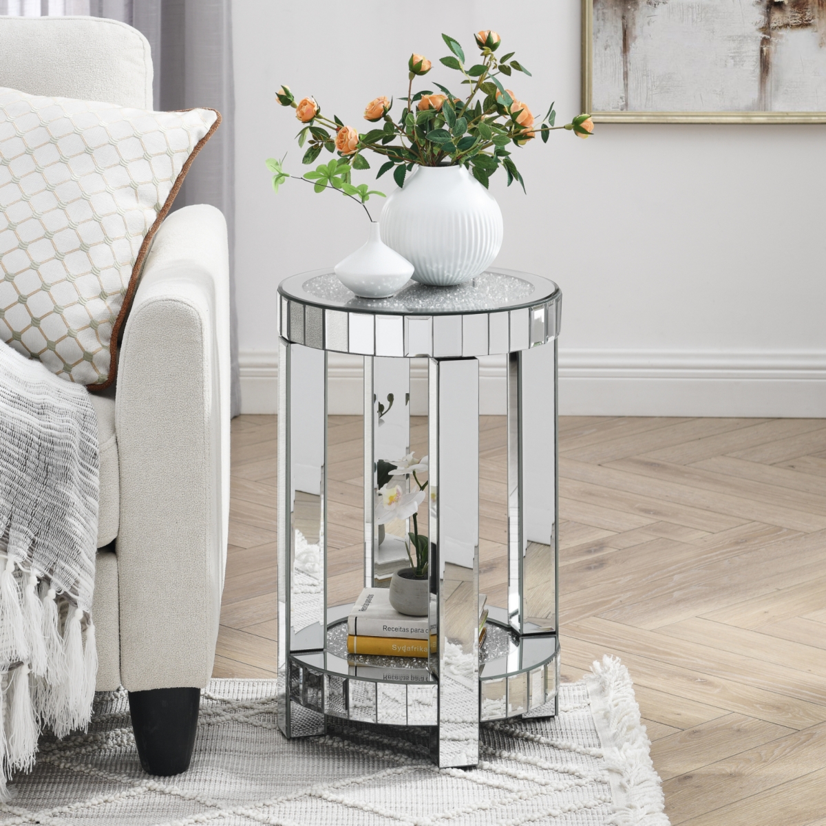 Crystal Inlay Mirror Coffee Table with Storage