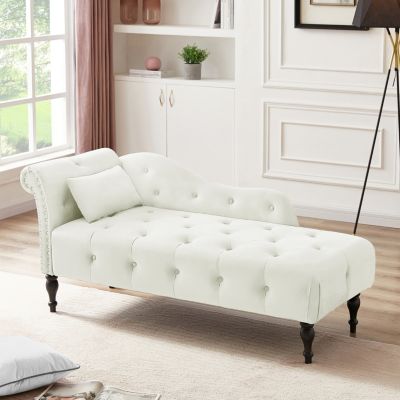 Elegant Velvet Chaise Lounge with Tufted Buttons and Solid Wood Legs