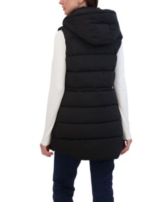 Women's 3/4 Hooded Stretch Puffer Vest With Drawstring Waist