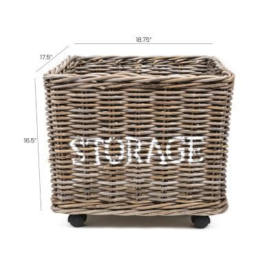 Yael Coastal Hand-Woven &amp;quot;STORAGE&amp;quot; Rattan Basket with Wheels and Handles, Kubu Gray
