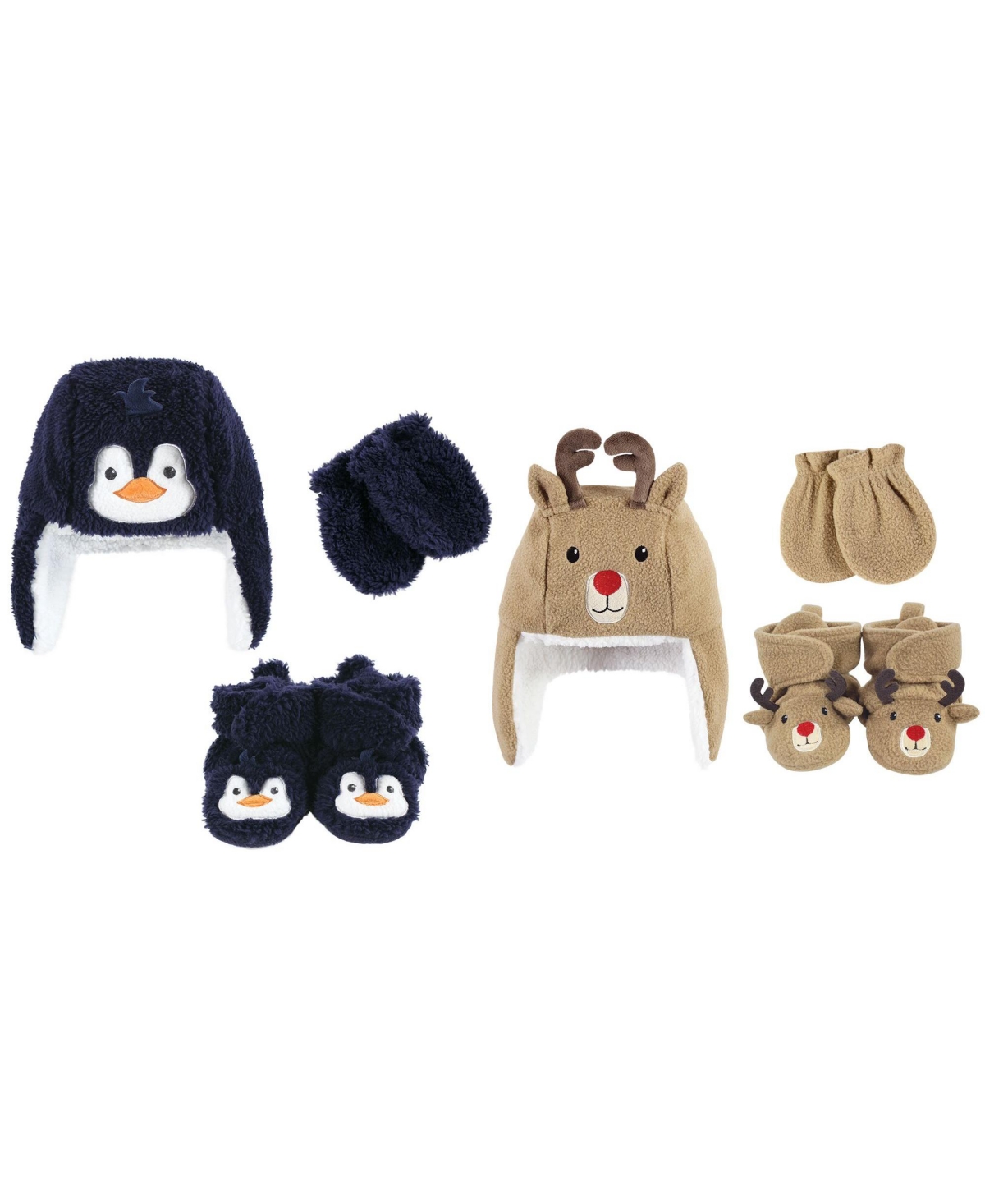Hudson Baby Baby Boys Hudson 6pc Trapper Hat, Mitten and Bootie Set, Red Elf Green Elf, 18-24 Months - Navy penguin reindeer