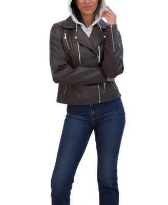 Women's Faux Leather Biker Jacket With Removeable Hood Bib